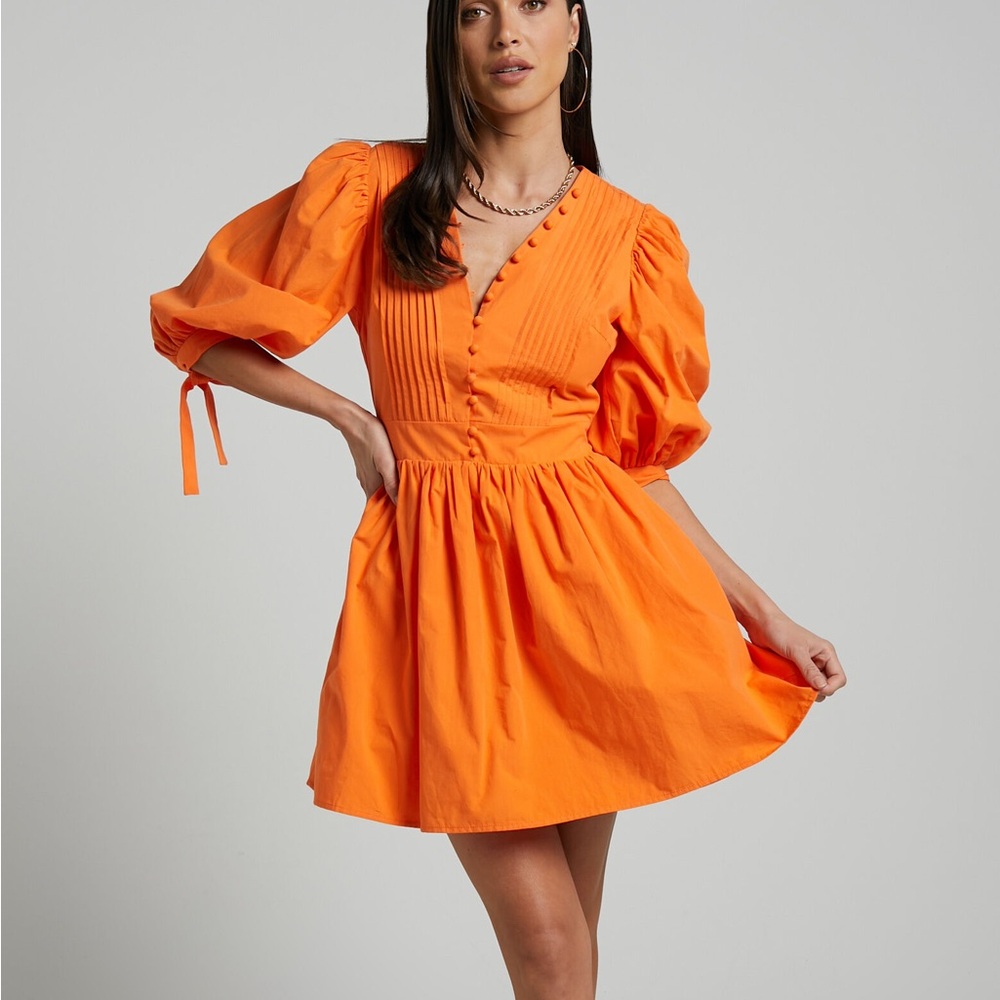 Showpo ZANDRA MINI DRESS - PUFF SLEEVE POPLIN DRESS IN ORANGE